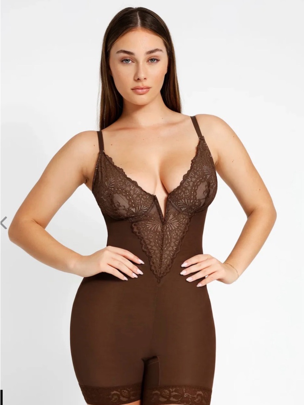 NWT Popilush 3X Bodysuit Shape-wear Lace Deep V-Neck Sculpting Mid-Thigh